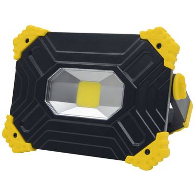 Černý LED reflektor se žlutými rohy na stojanu. Vhodný pro stavební práce nebo venkovní aktivity.