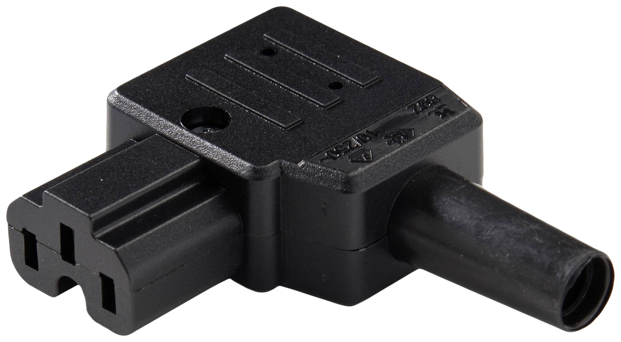 Černá, obdélníková elektrická zásuvka se třemi otvory a kulatým připojením.