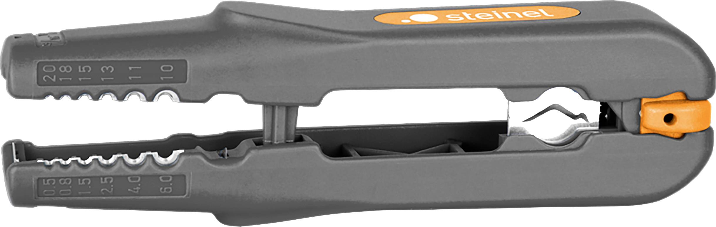 Šedé odizolovací kleště s oranžovým detailem, vhodné pro různé průměry kabelů, s názvem značky 'steinel' na kleštích.