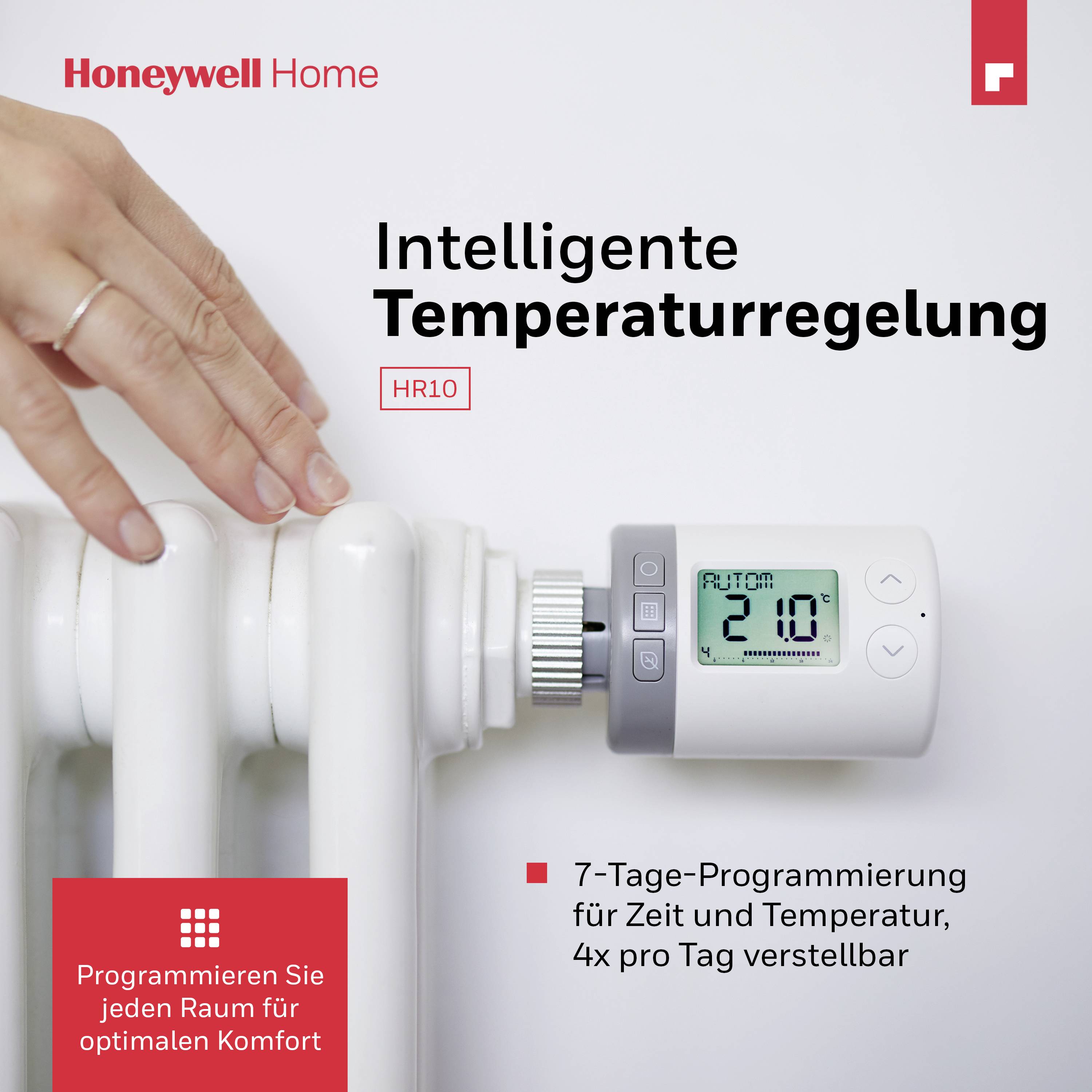 "Inteligentní regulace teploty HR10" ukazuje ruku, která nastavuje termostat na radiátoru. Poznámka: "Programování na 7 dní, nastavitelné 4x denně".