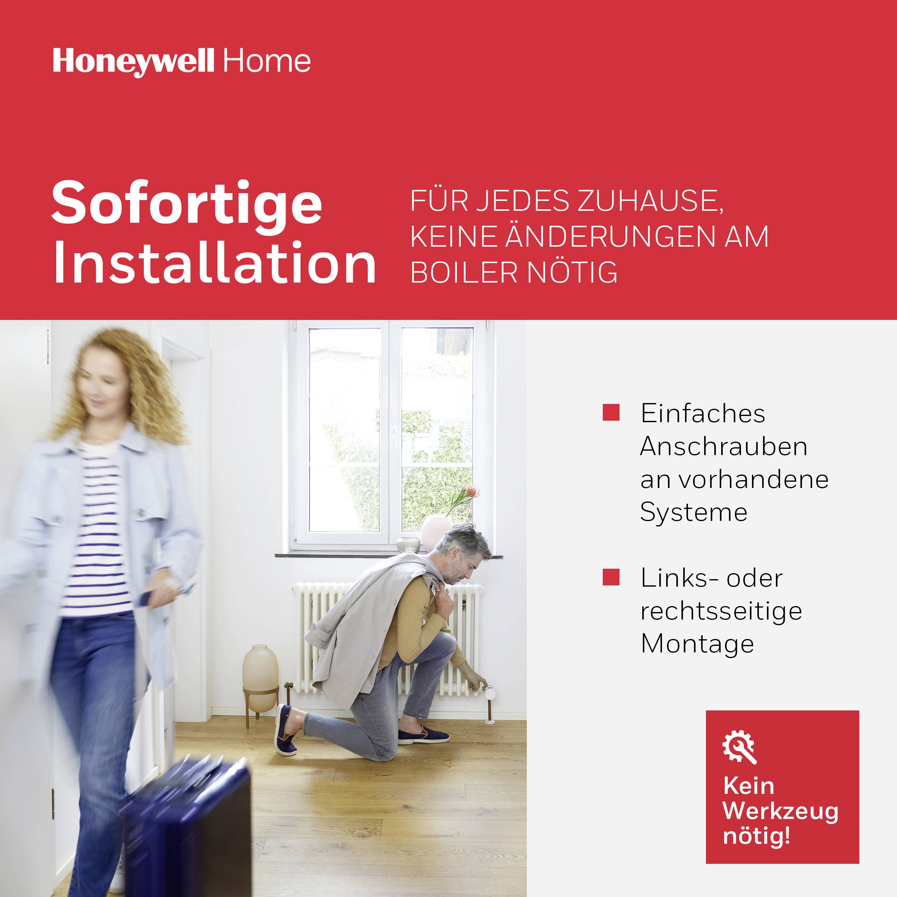 Reklamní materiál společnosti Honeywell pro topný systém. Hlavní sdělení: Okamžitá instalace bez nutnosti úprav. Snadná boční montáž.
