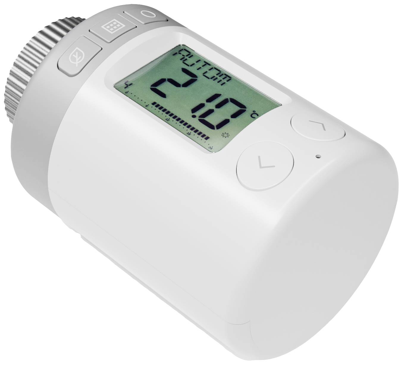 Elektronický termostat radiátoru zobrazuje 'AUTO' a 21,0°C na digitálním displeji, bílé barvy, kulatého tvaru, s ovládacími tlačítky.