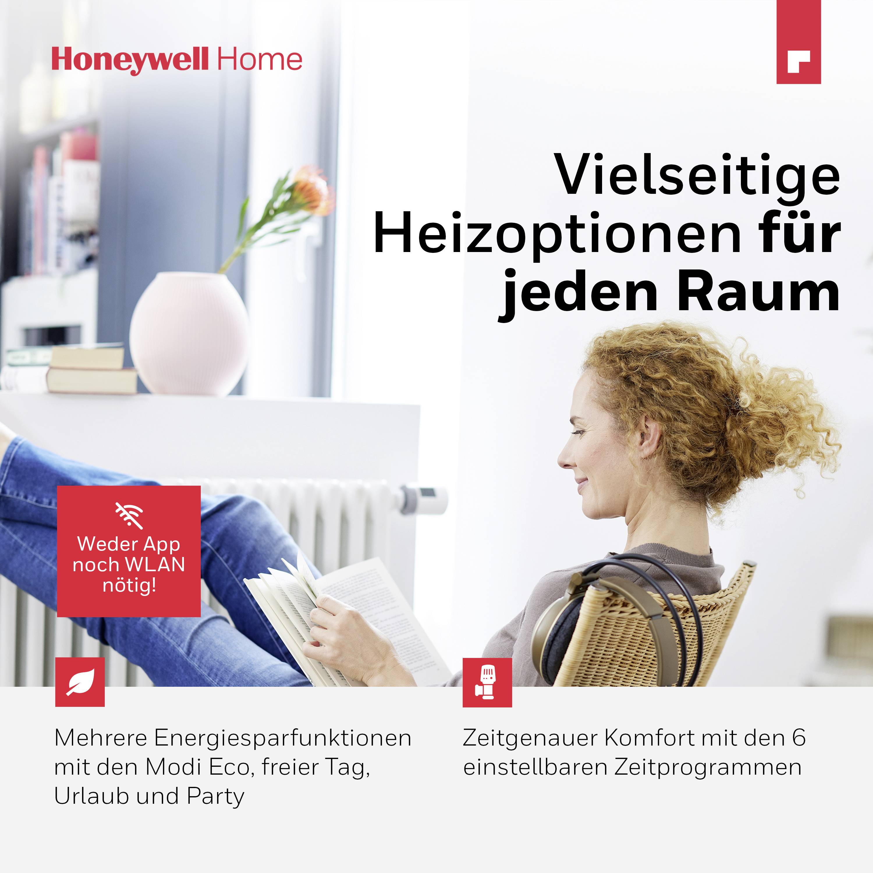Žena obsluhuje smartphone; vedle text 'Všestranné možnosti vytápění pro každou místnost'. Reklamní informace pro topný systém značky Honeywell.