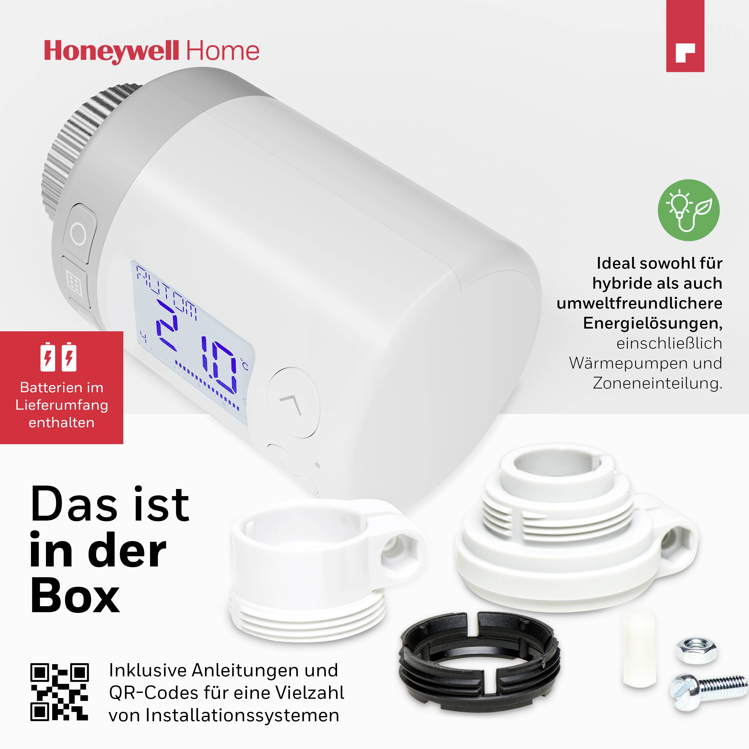 Zobrazení termostatické hlavice Honeywell s displejem. Obsahuje baterie, adaptér, návod a QR kódy pro instalaci.