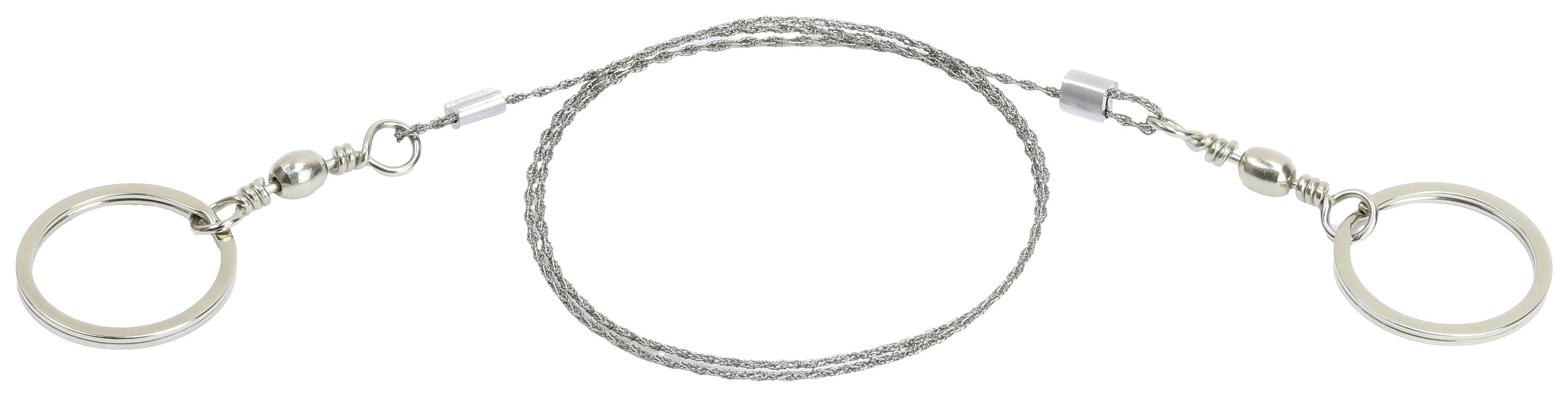 Tenký kovový drát s držadly na obou koncích, pravděpodobně konstrukce pilového drátu určená pro outdoorové nebo přežívací účely.