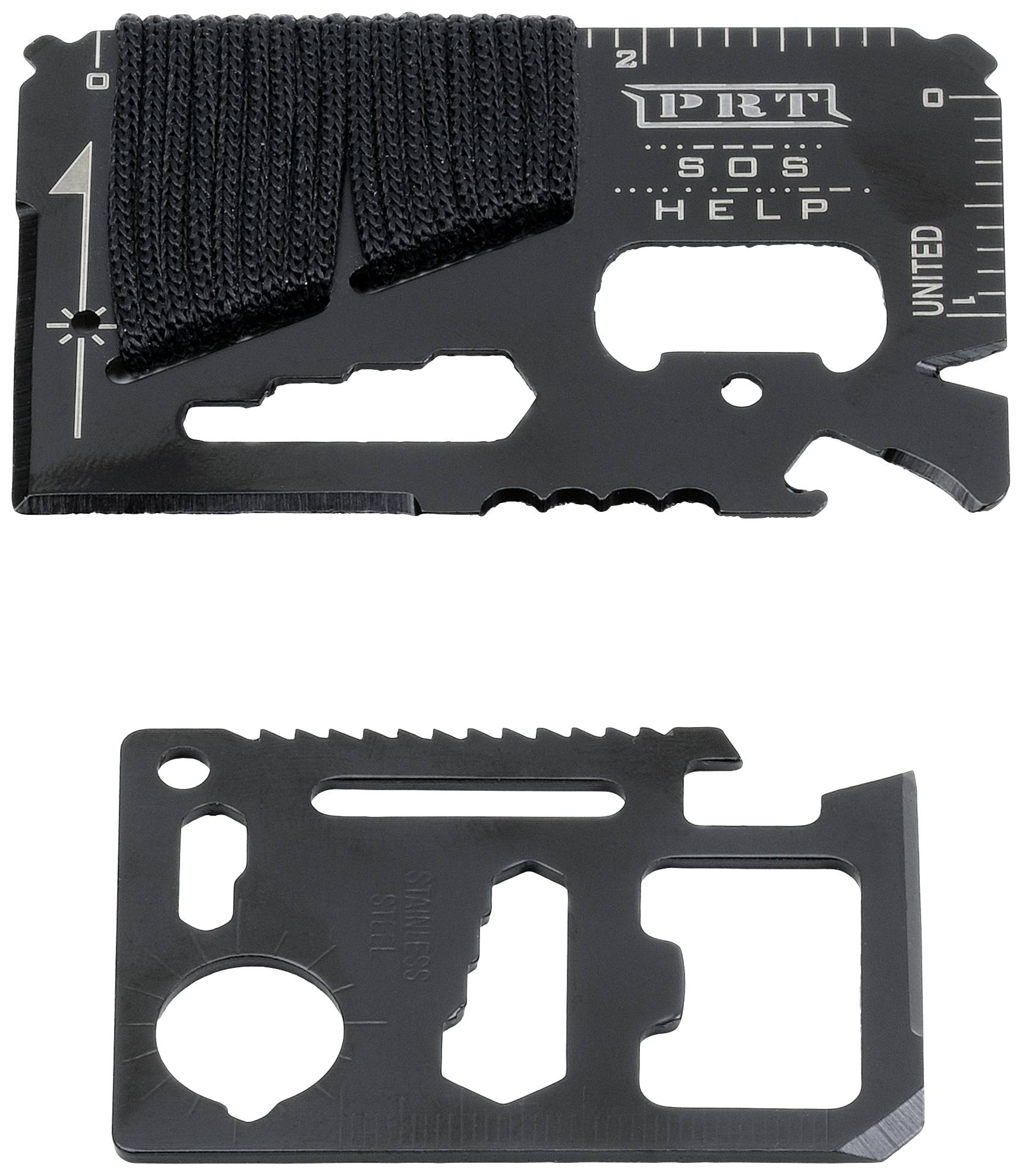 Multifunkční survival nástroj ve tvaru karty s pravítkem, pilníkem, klíčem a pilovou čepelí, ideální pro outdoorové aktivity.