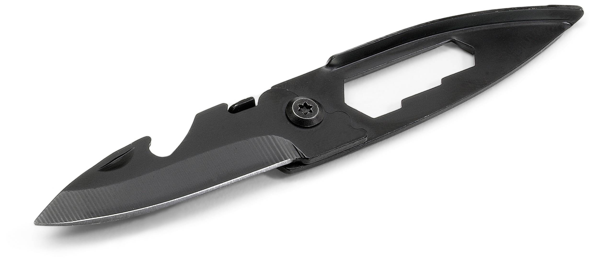 Černý kapesní nůž s ohnutou rukojetí a viditelným šroubem, ostrý a zavřený na bílém pozadí.
