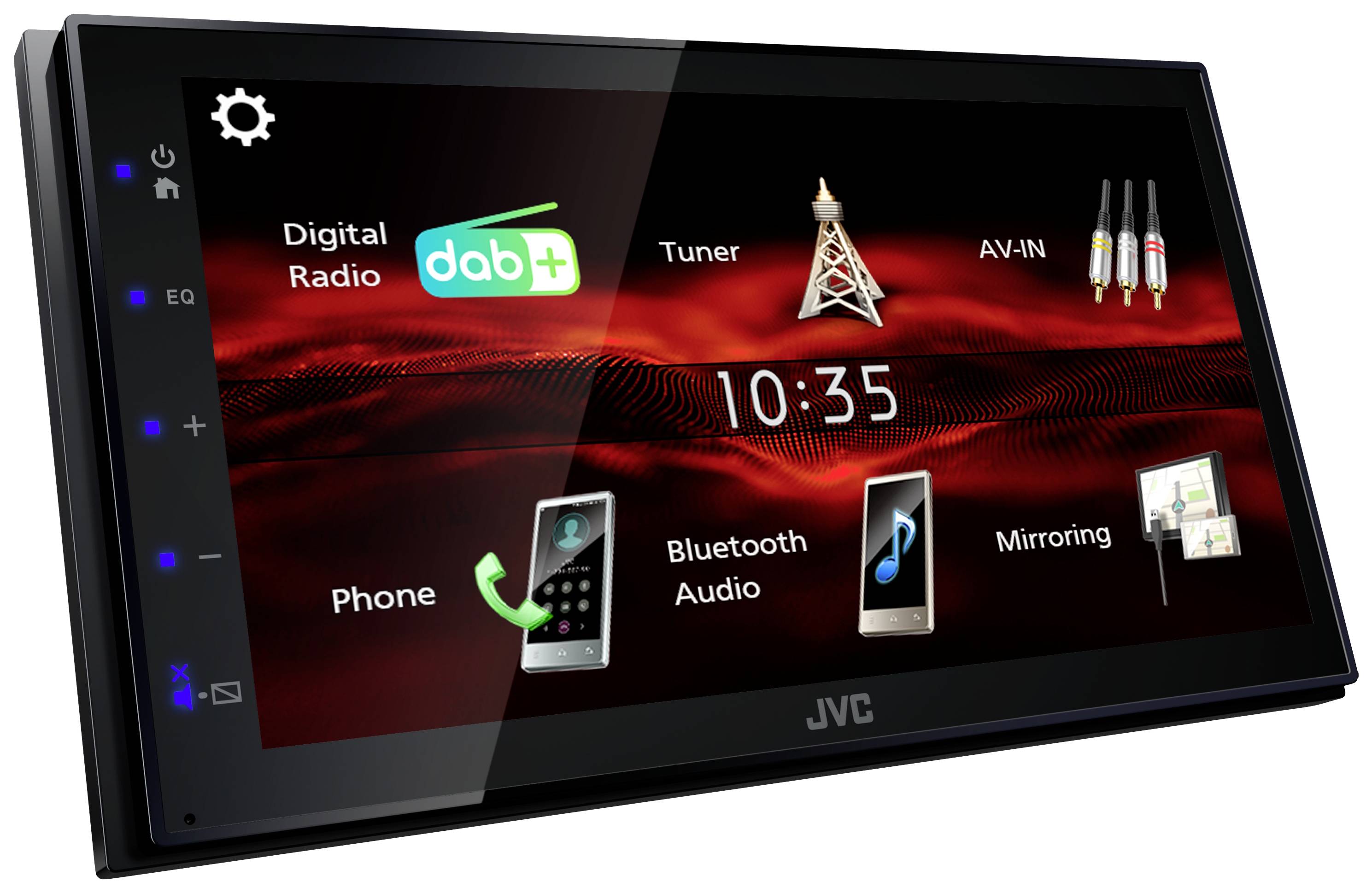 Autorádio s displejem s funkcemi jako digitální rádio ('dab+'), tuner, AV vstup, telefon, bluetooth audio a zrcadlení obrazovky.