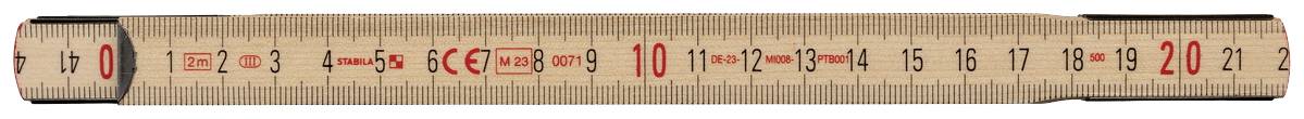 Dřevěný metr ukazující délku 20 centimetrů. Stupnice je rozdělena na milimetry a centimetry.