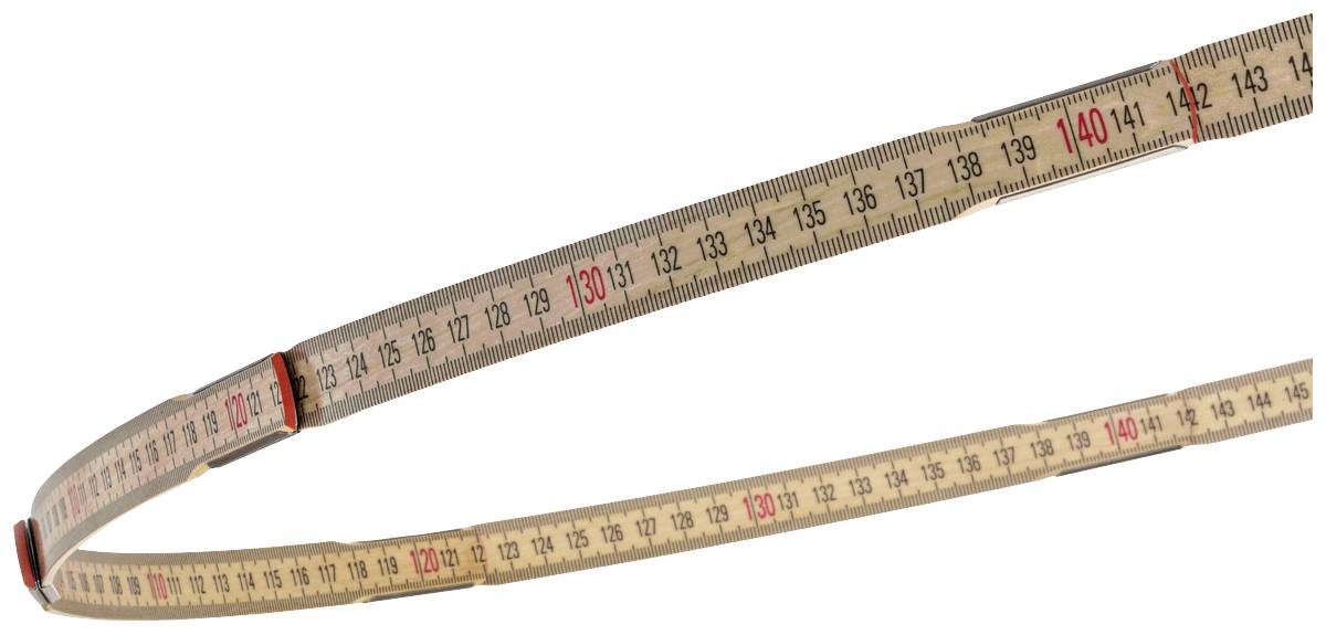 Svinovací metr ukazuje čísla v centimetrech a milimetrech. Stupnice sahá přes 140 cm.