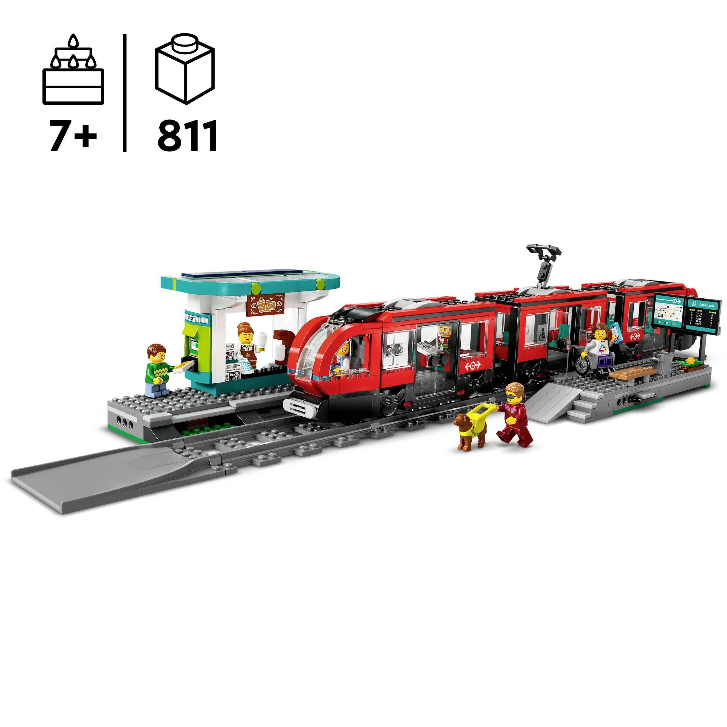 LEGO sada hraček: Moderní červený osobní vlak s nástupištěm, figurkami a příslušenstvím. Obsahuje 811 dílků, vhodné pro děti od 7 let.