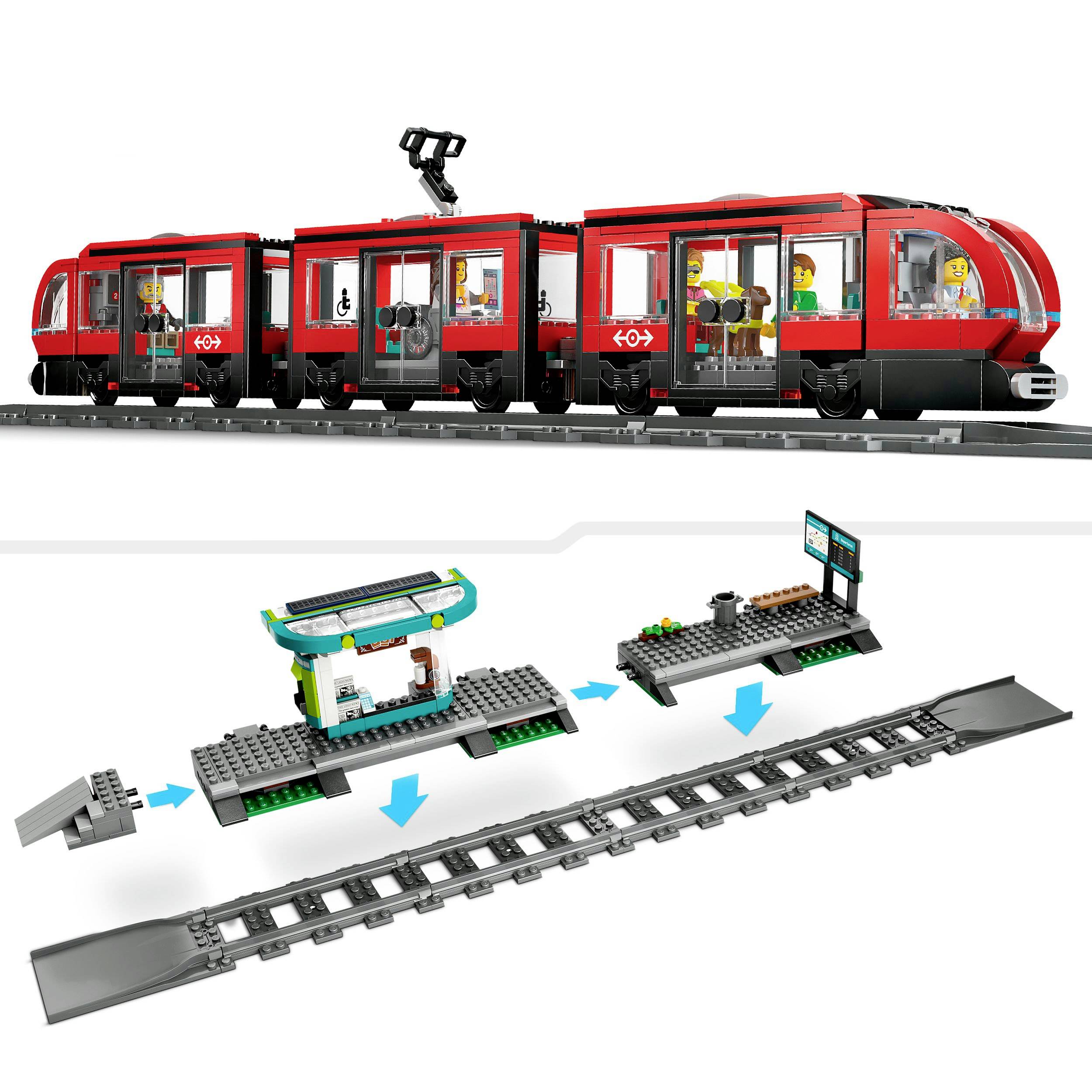 Sada LEGO vláčku v červené barvě včetně nádraží a kolejí; obsahuje figurky a příslušenství. Hlavní charakteristika: rozpoznatelné propojovací prvky a detaily.