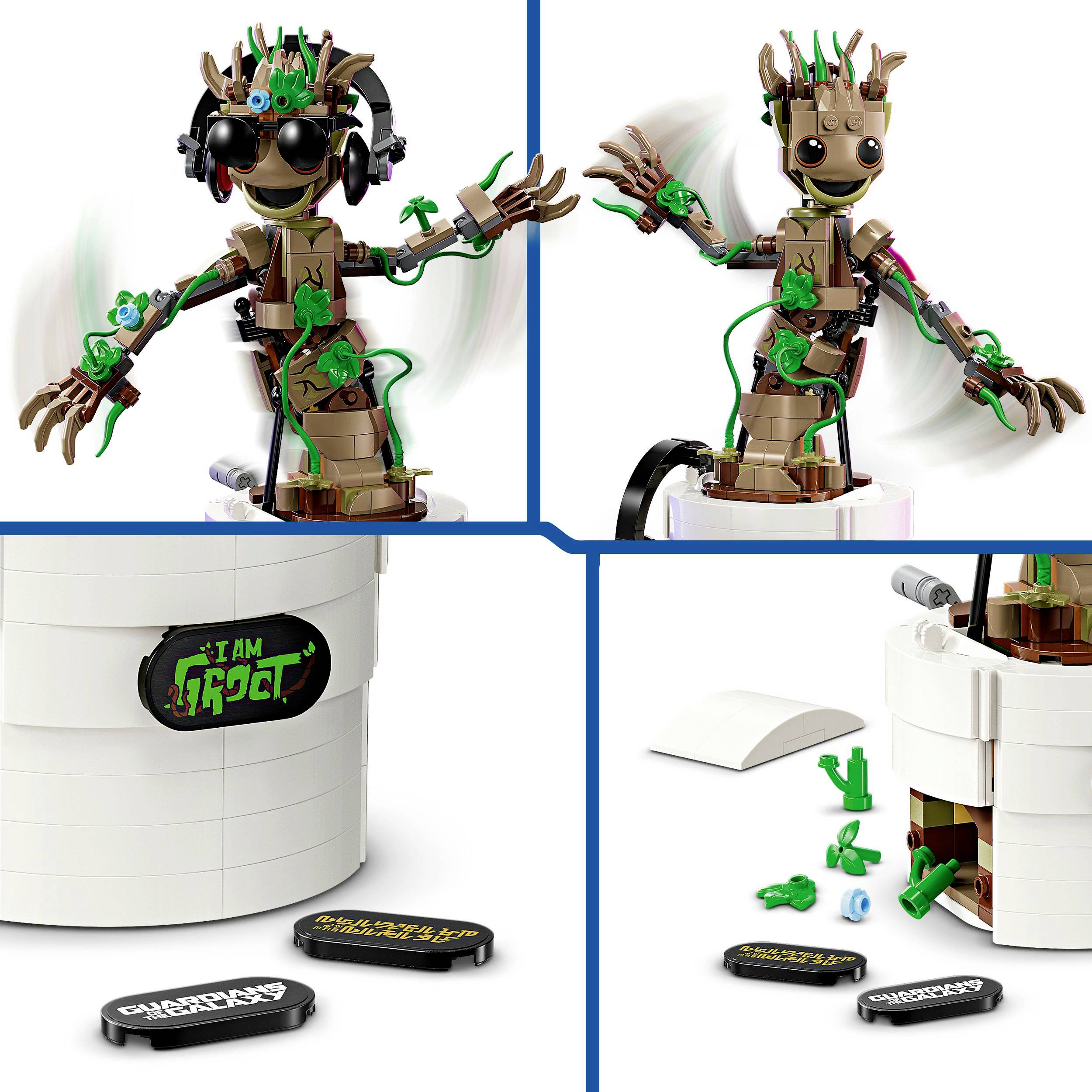 Lego set Baby Groota z Marvel filmů. Skládá se z pohyblivých částí, obsahuje květináč, sluchátka a dva štíty.