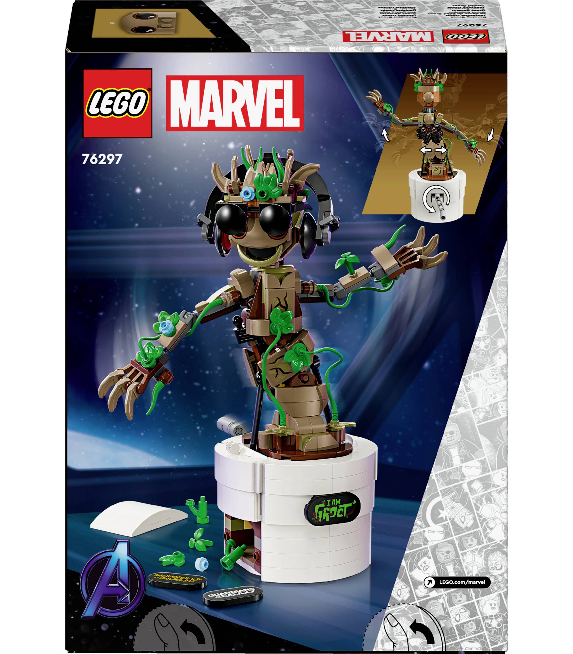 Lego Marvel sada 76297 ukazuje stavitelného Groota s pohyblivými končetinami, umístěného na kulatém podstavci určeném pro výstavní účely.