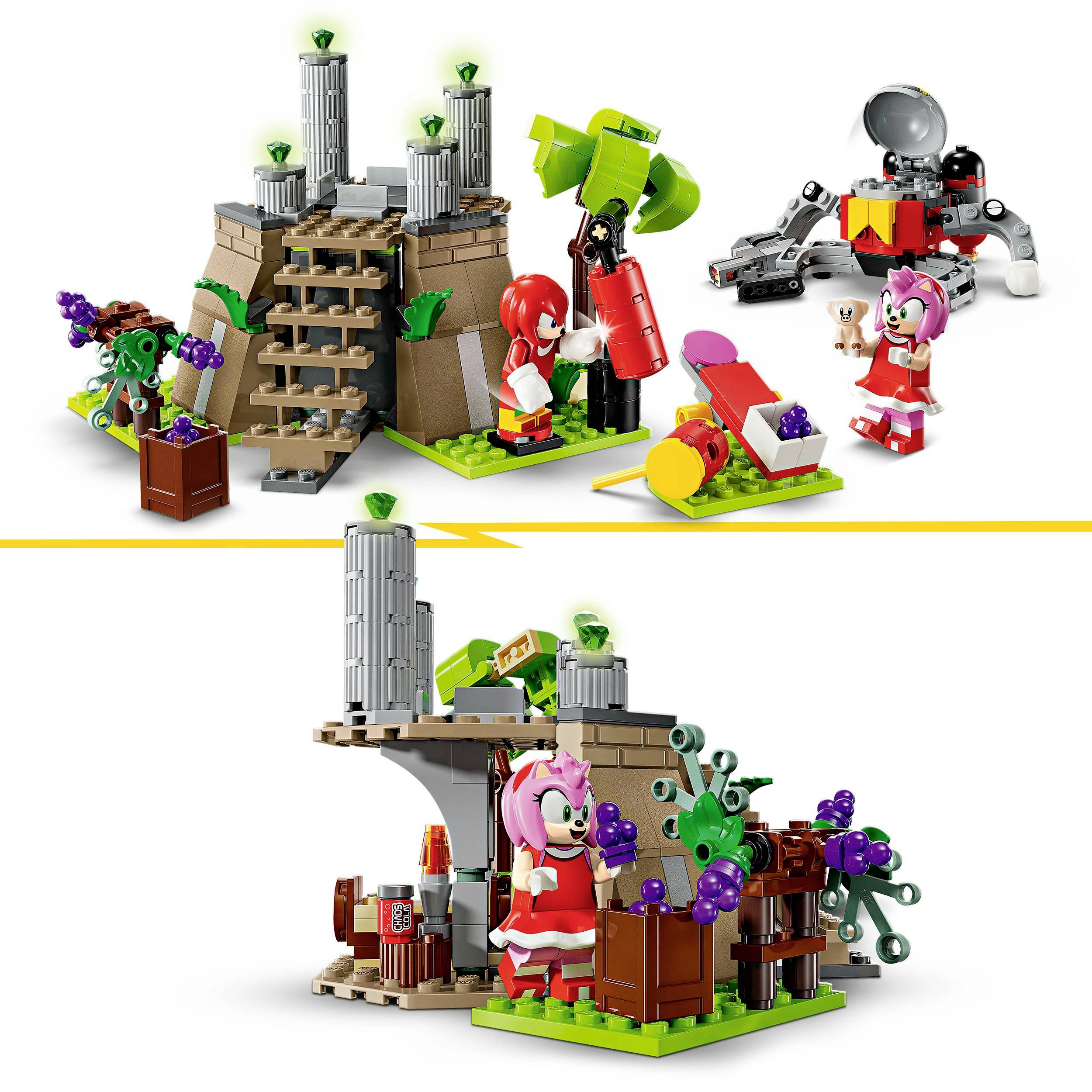 Stavebnice LEGO s postavičkami v barevné krajině. Obsahuje figurky, chatu s rostlinami a robota. Hrací scéna pro děti.