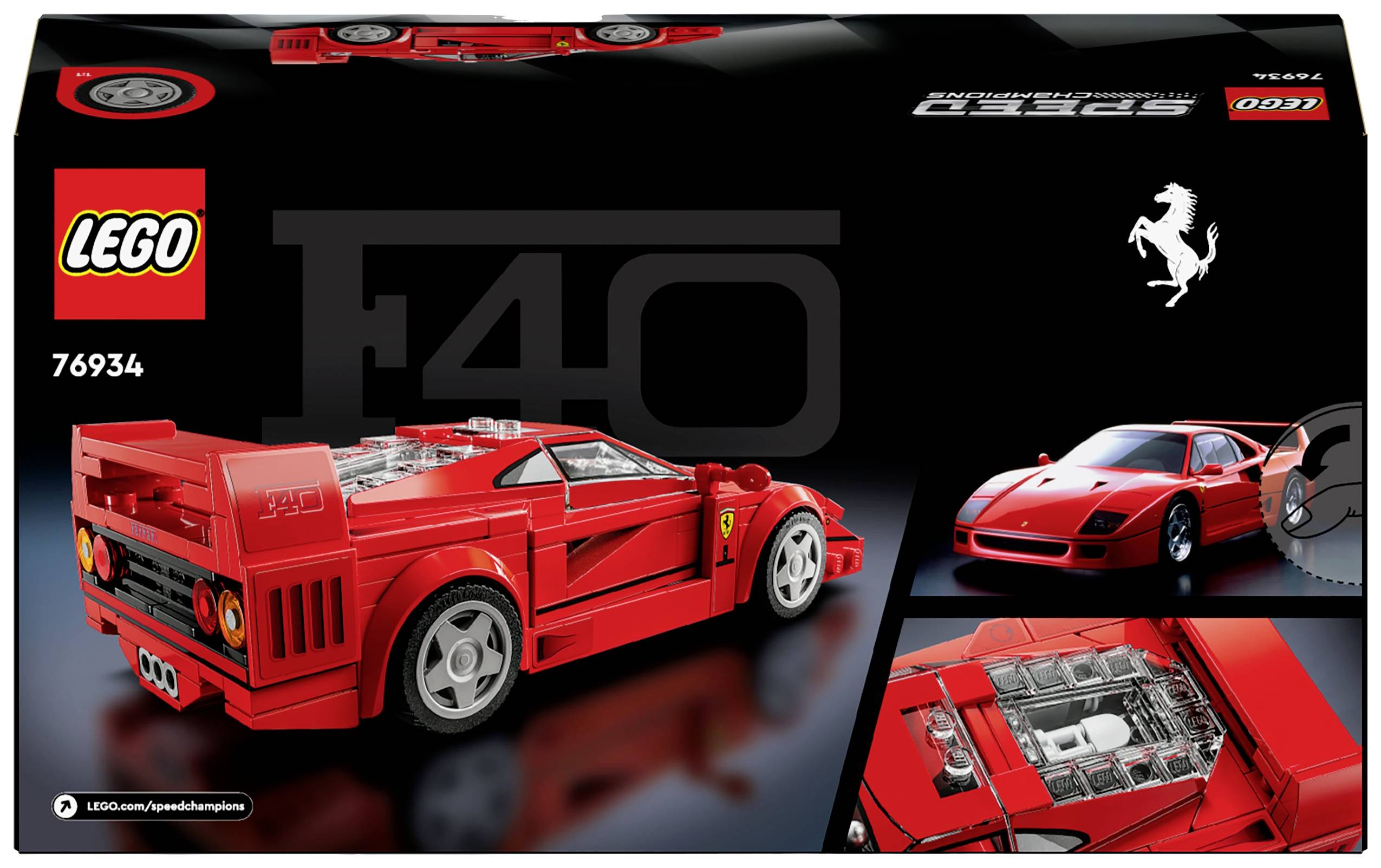 Stavebnice LEGO "Ferrari F40". Sada zobrazuje červený model automobilu Ferrari F40 s charakteristickými detaily. Obsahuje číslo stavebnice 76934.