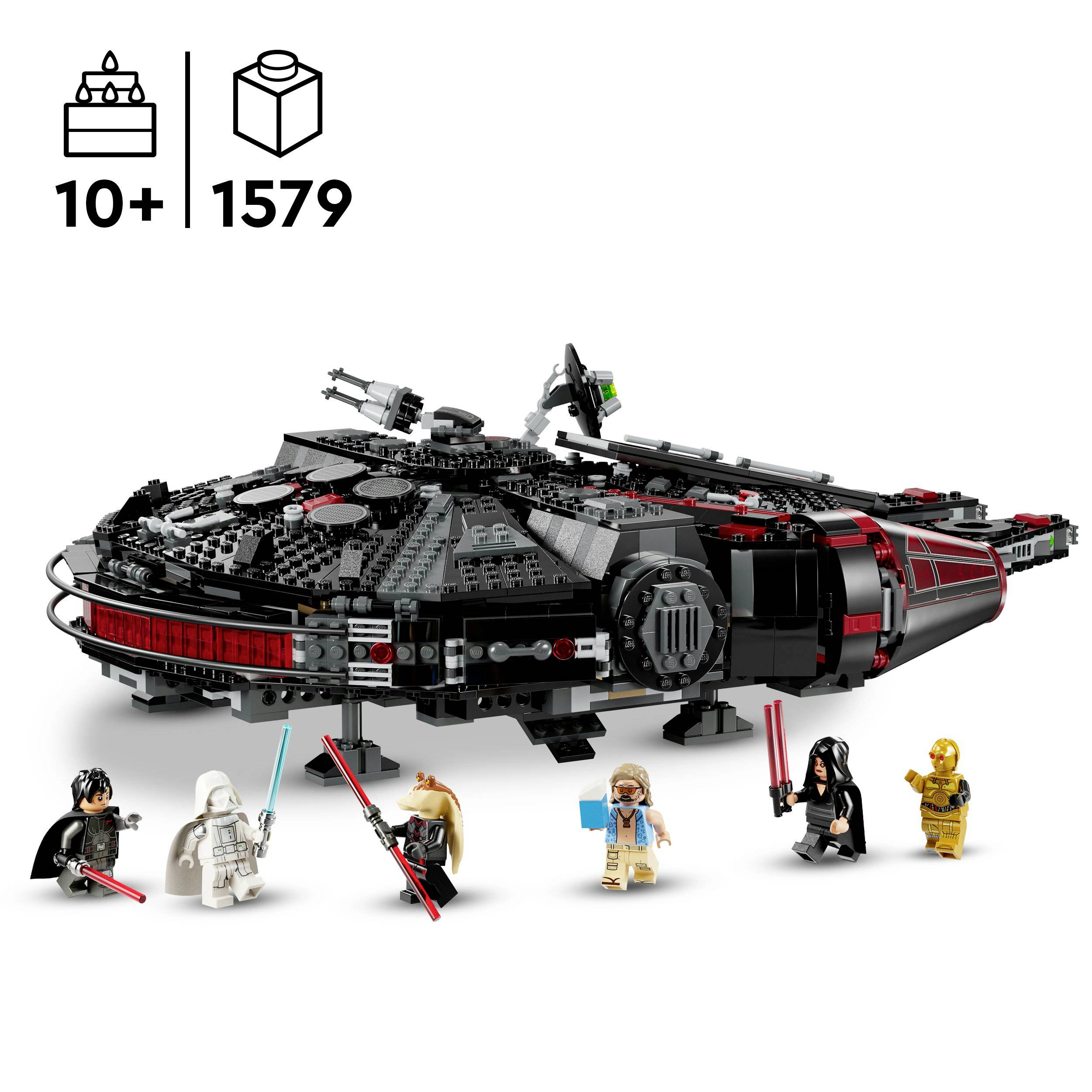 LEGO sada temné verze vesmírné lodi s figurkami, vhodná pro věk 10+, sestávající z 1579 dílků. Obsahuje hrdiny a padouchy se zbraněmi.