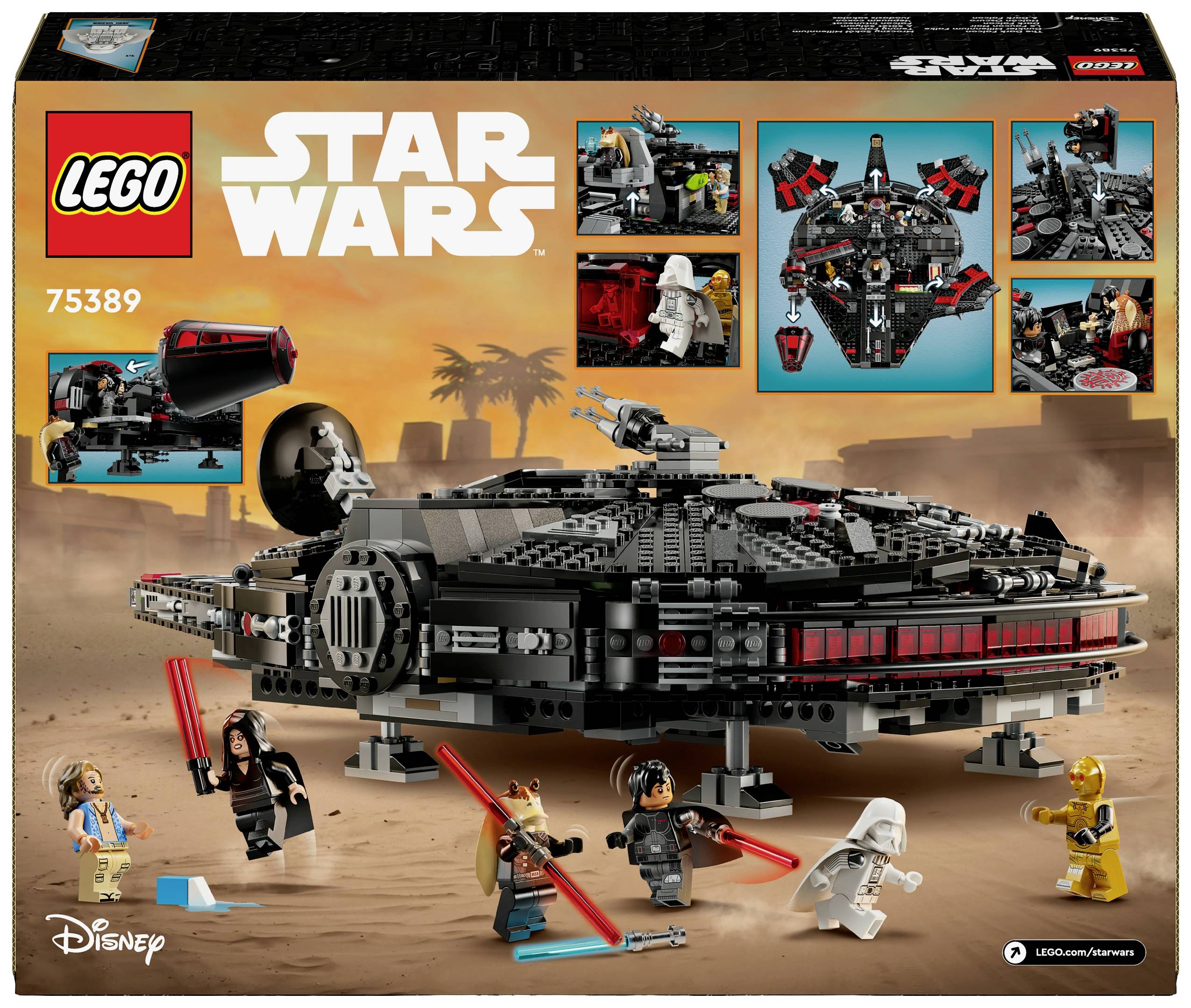 Lego Star Wars stavebnice s vesmírnou lodí, figurkami a doplňky, zobrazující pouštní krajinu. Balení s logem a číslem sady 75389.