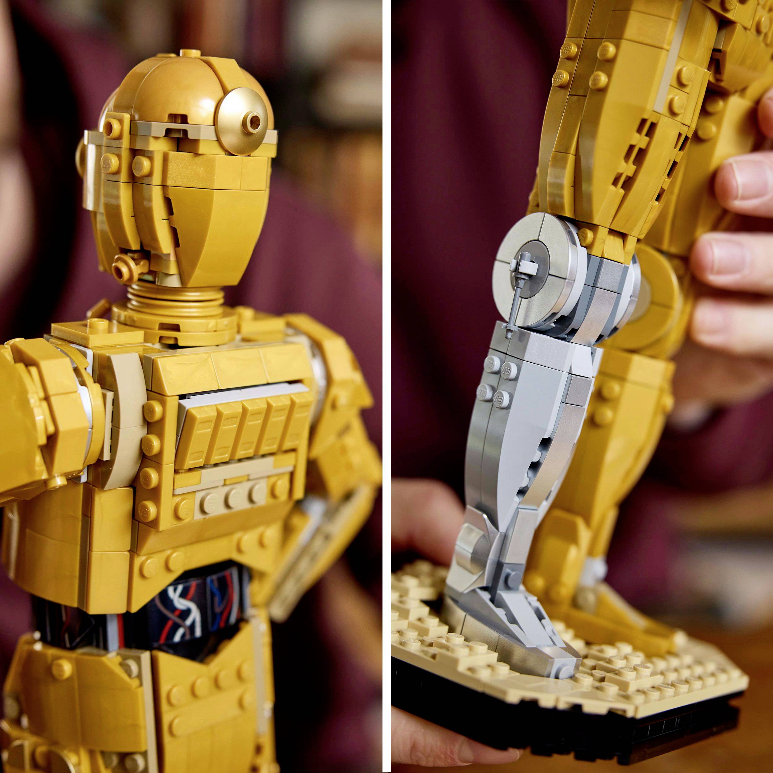 'Dvě ilustrace: Jedna zobrazuje horní část těla žlutého robota s detailními ozdobami, druhá ukazuje podstavec stejného robota.'