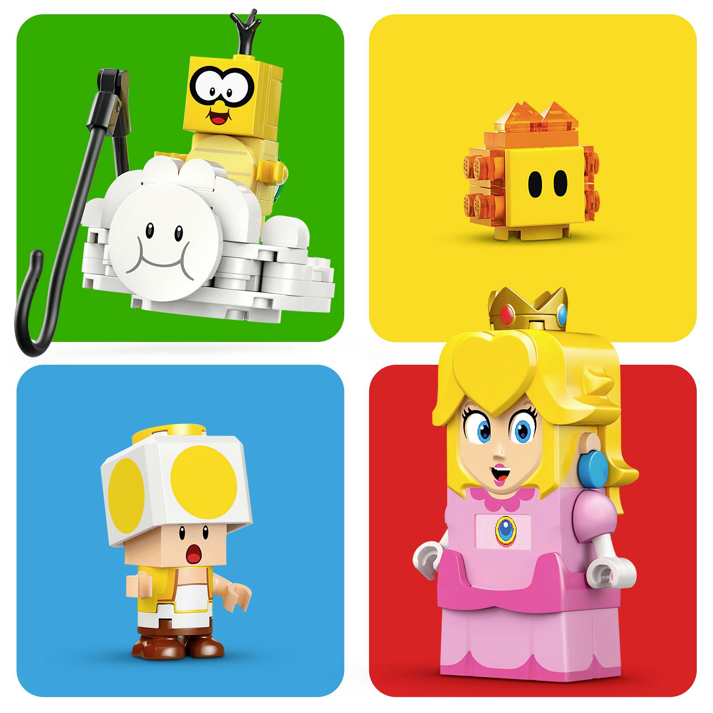 Čtyři figurky Lego na barevných pozadích: Žlutá postava na mráčku, žlutý barevný prvek, figurka s kloboukem a princezna.