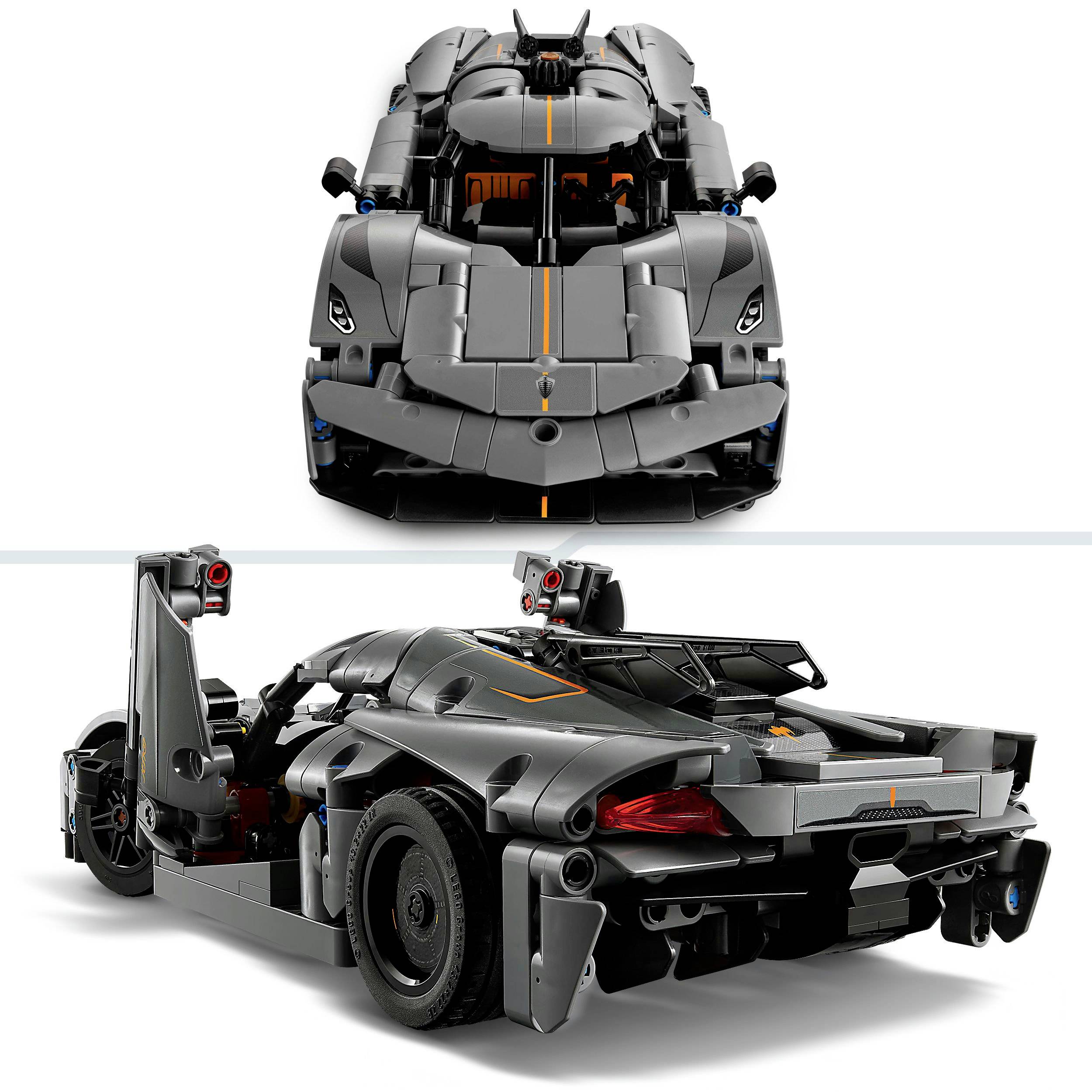 Šedé Lego auto s oranžovými akcenty, futuristický design, zobrazeno z předního a zadního pohledu. Vhodné pro nadšence do techniky a modelářství.