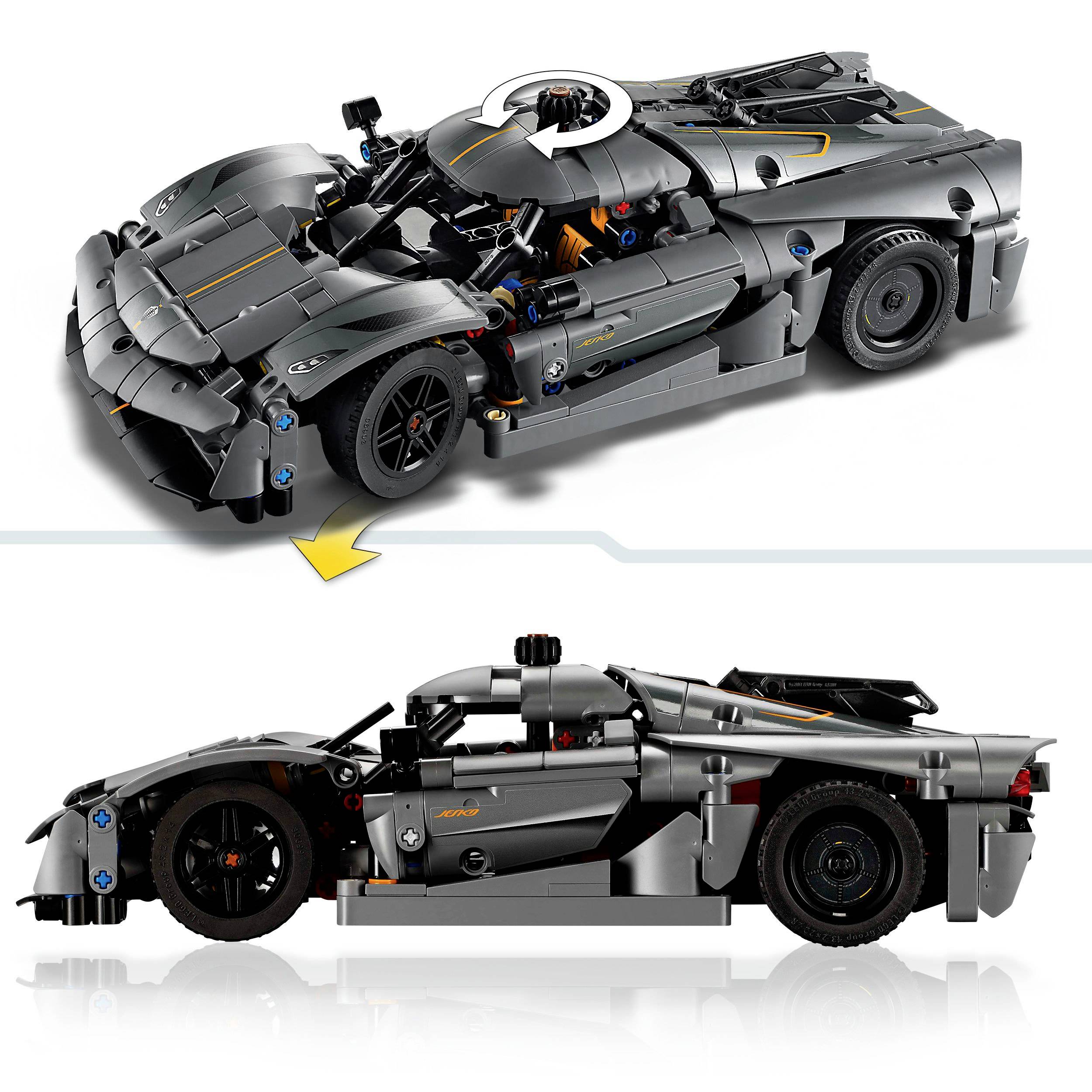 Detailní LEGO stavebnice šedého supersportovního vozu s výklopnými dveřmi, motorickými funkcemi a aerodynamickým designem.