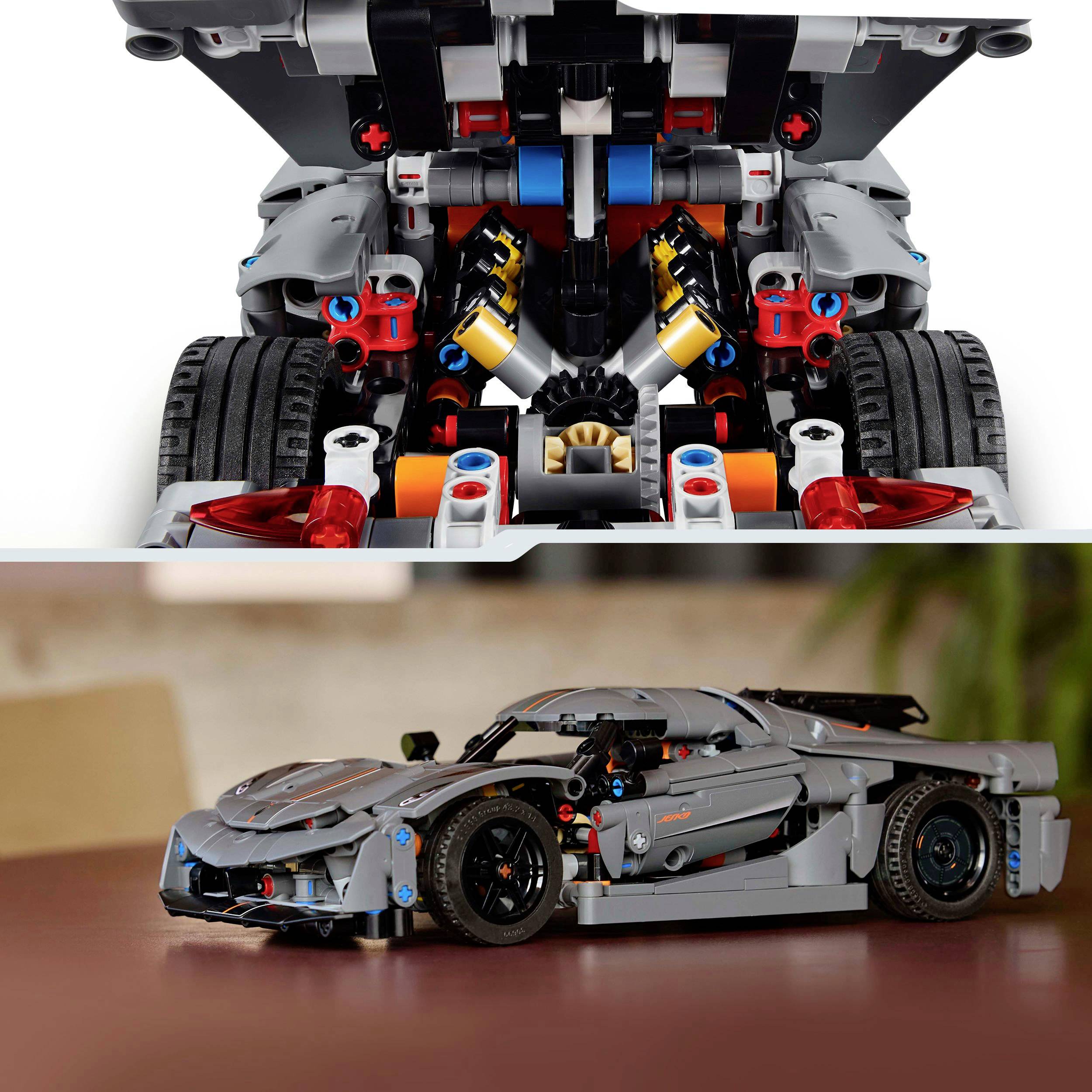 Lego model šedého sportovního vozu s detailním pohledem na motor a parkovaným bočním profilem, ukazující konstrukční zpracování a pestrost dílů.