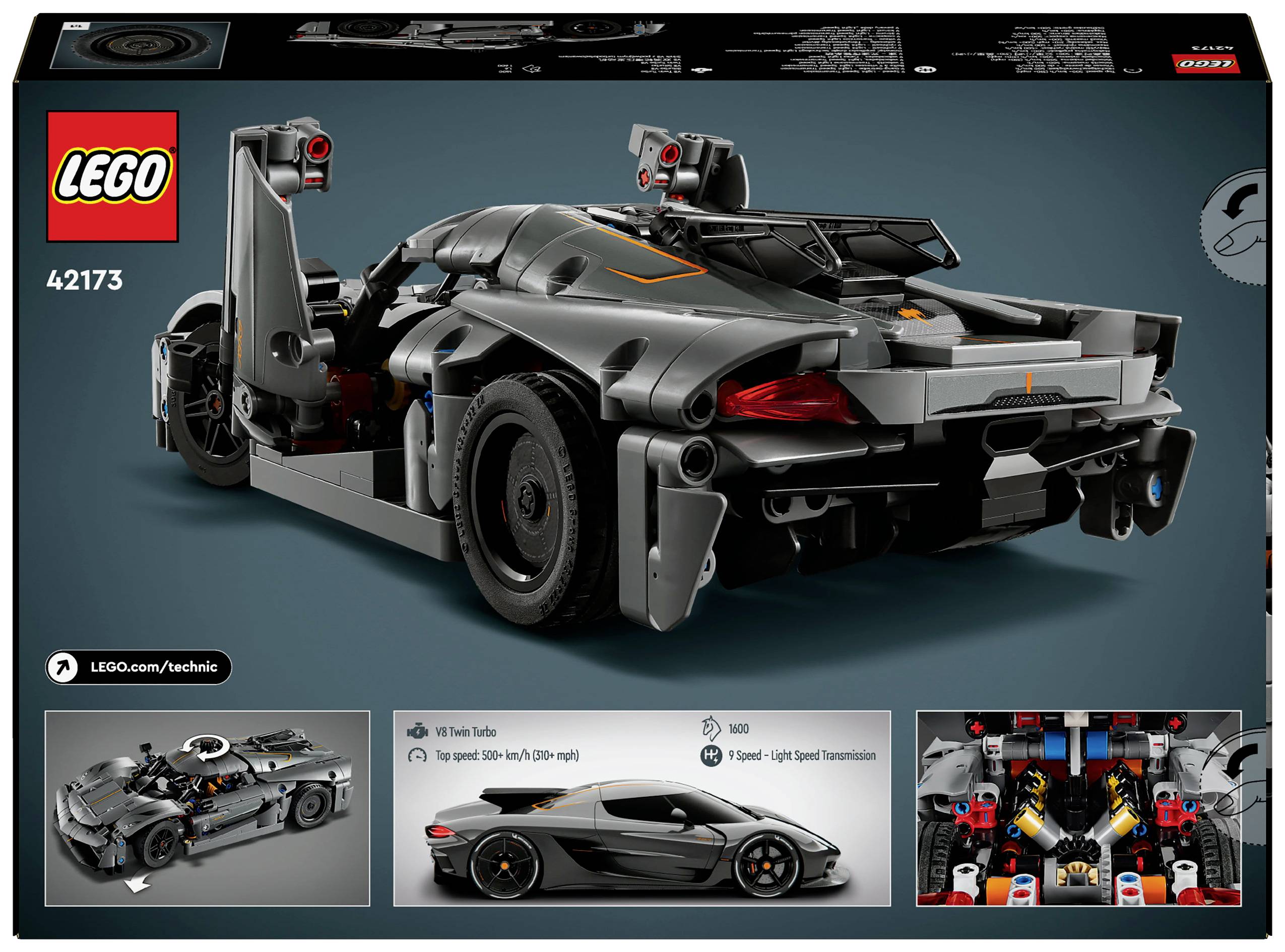 LEGO Technic modelové auto se šedou karoserií a červeným akcentem na černém pozadí. Zobrazuje různé pohledy a funkce.