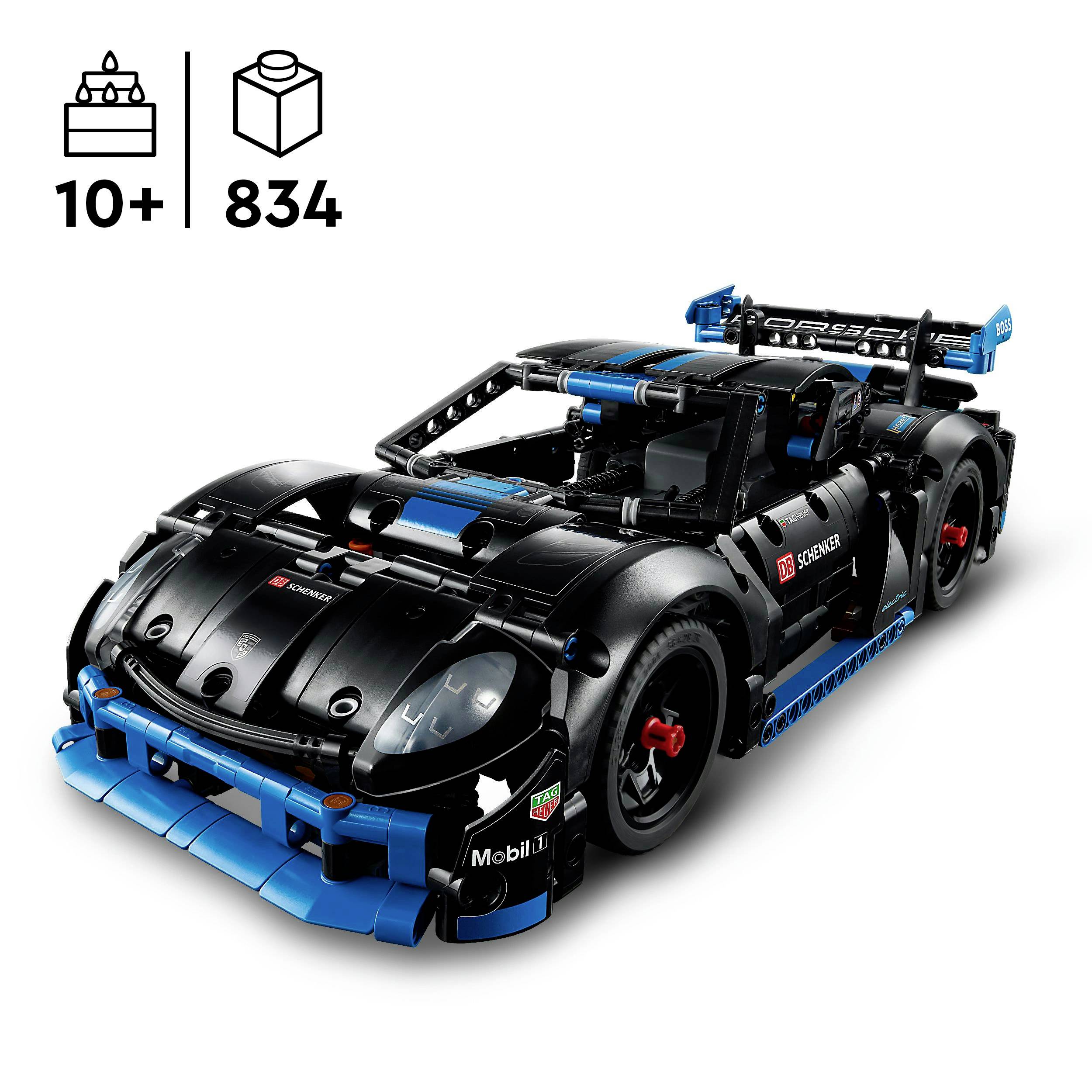 Lego Technic Modelářská sada autíčka s číslem 42096, skládající se z 834 dílků. Vhodná pro děti od 10 let. Obsahuje černě-modový model sportovního vozu.