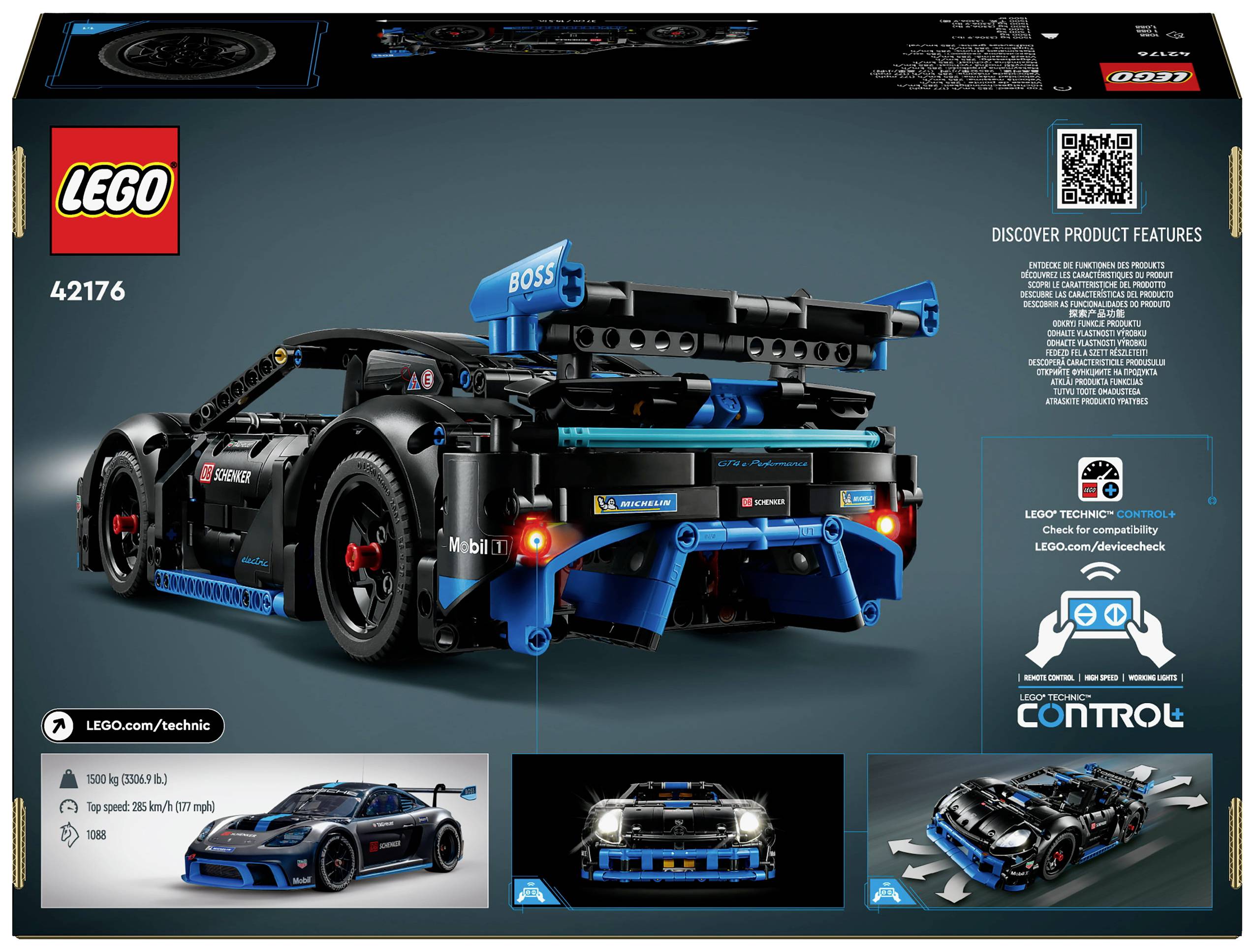 Technický model LEGO automobilu v černé a modré barvě, pohled zezadu. Obsahuje návody a obrázky pro montáž a funkce vozu.