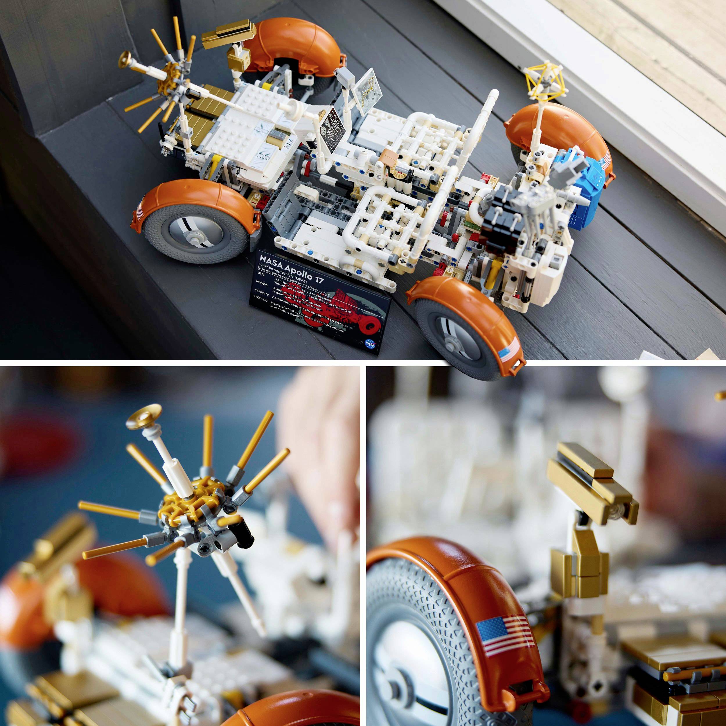 Model vesmírného vozidla NASA Apollo 17 z kostek Lego s oranžovými koly a detaily; vystavený na stole.