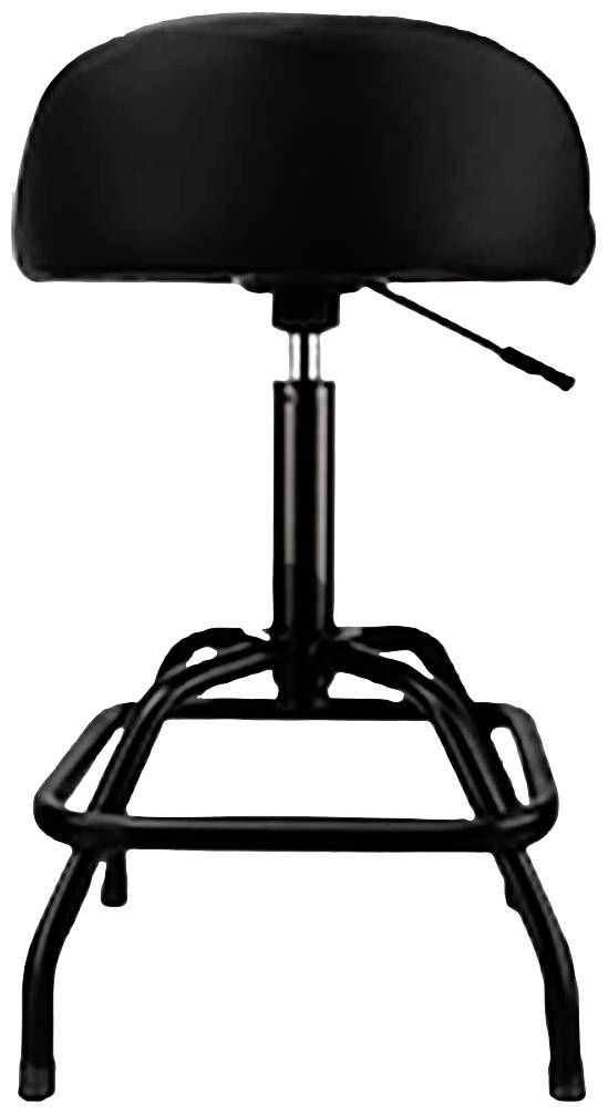 Černá stolička s kulatým, čalouněným sedákem a nastavitelnou kovovou základnou. Ideální pro pracoviště nebo bar.