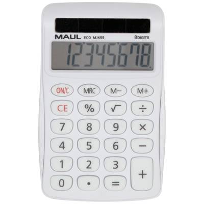 Bílá kalkulačka s digitálním displejem zobrazujícím čísla '12345678'. Disponuje standardními výpočetními funkcemi.