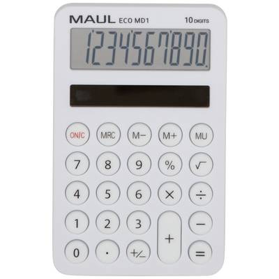 Bílá kalkulačka s digitálním displejem zobrazuje čísla '1234567890'. V levém horním rohu je nápis 'MAUL ECO MD1'.