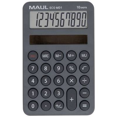 Černý kalkulátor zobrazuje čísla '1234567890' na displeji. Nahoře je nápis 'MAUL ECO MD1 10 Digits'.
