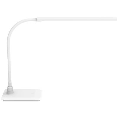 Bílá, štíhlá LED stolní lampa s flexibilním ramenem a obdélníkovým podstavcem. Ideální pro čtení nebo práci.