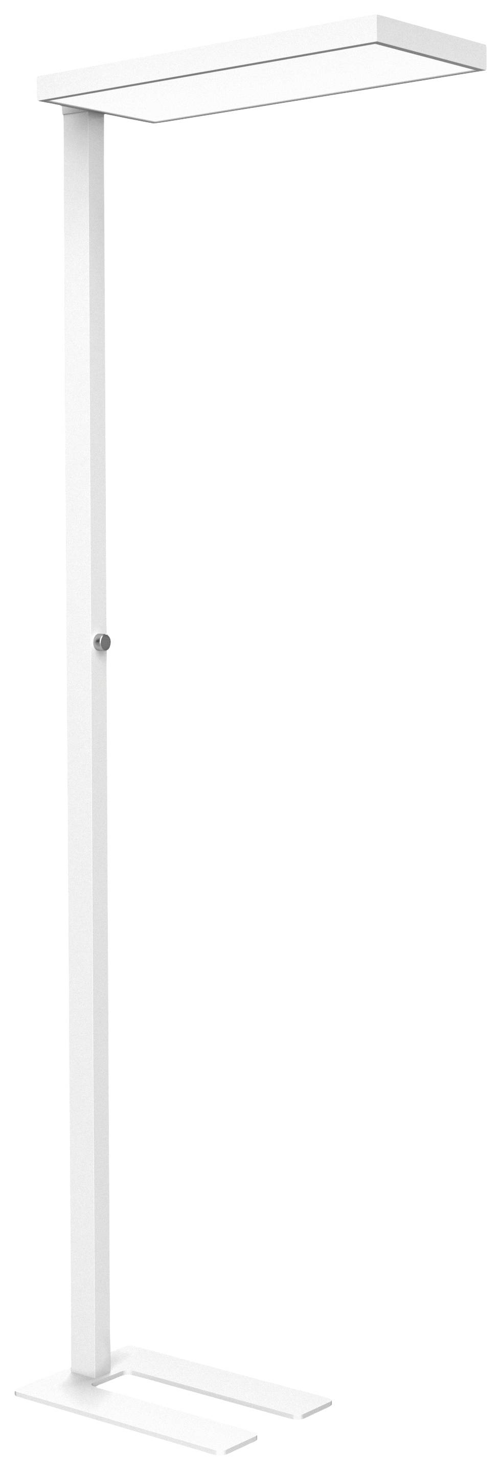 Štíhlá bílá stojací lampa s obdélníkovým stínidlem a stabilní, obdélníkovou základnou, vhodná do moderních interiérů.