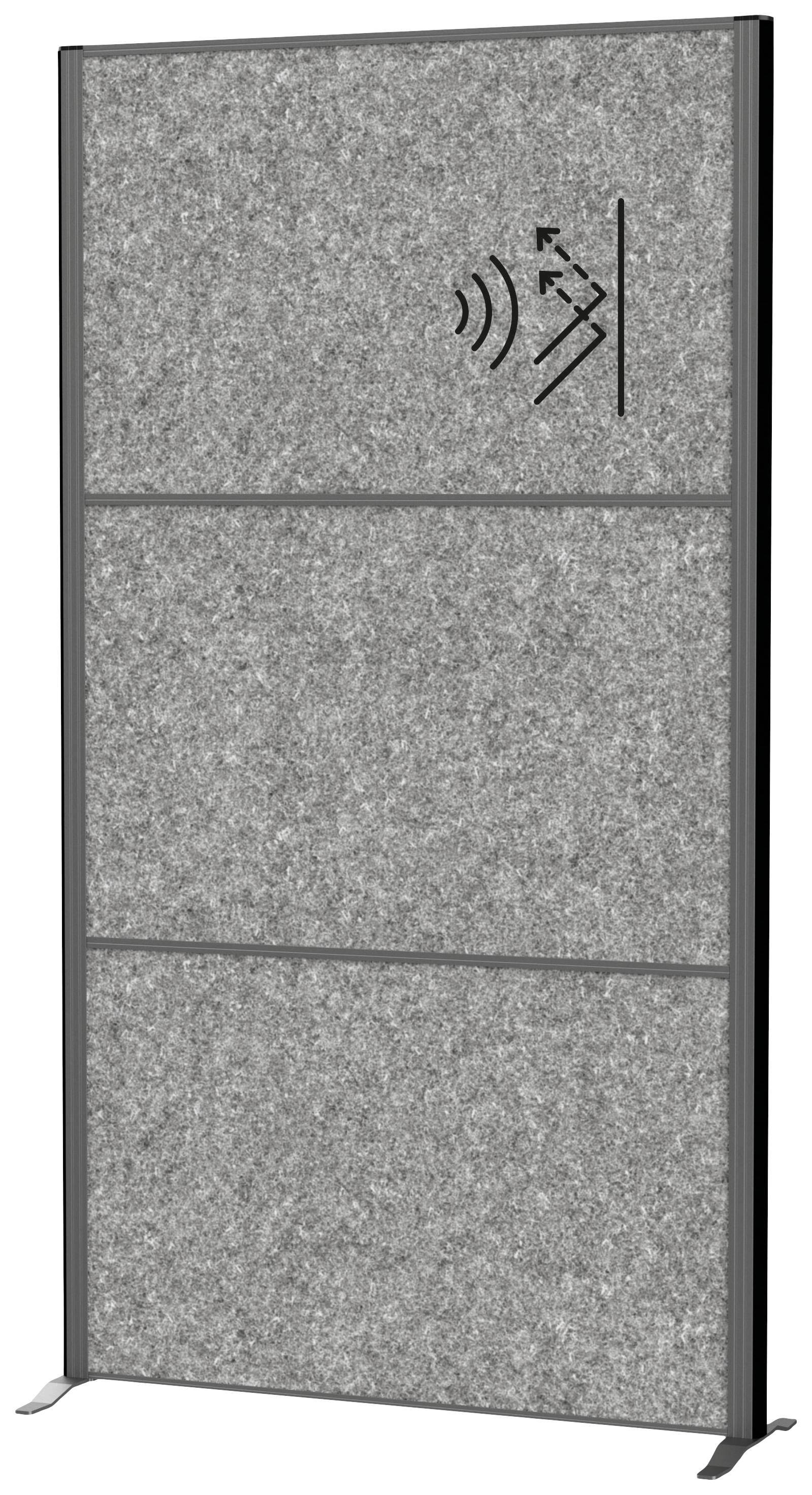 Šedá protihluková stěna s vroubkovaným povrchem a jednoduchým designem. V pravém horním rohu je patrný stylizovaný akustický symbol.