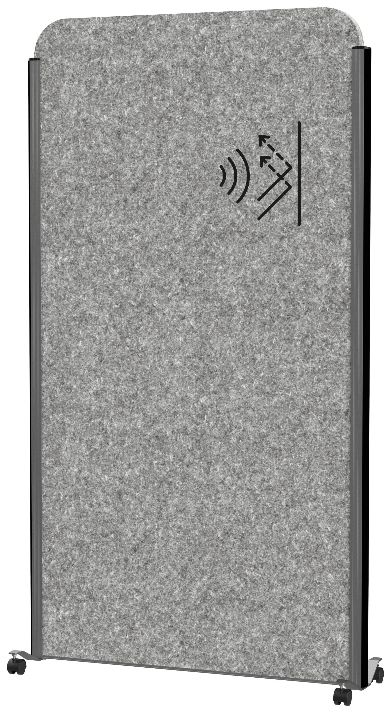 Šedý mobilní prostorový dělicí panel z plsti s akustickým symbolem, namontovaný na kolečkách pro flexibilní použití v kancelářích nebo školách.