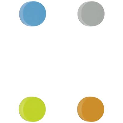 Čtyři kulaté magnety v barvách modrá, šedá, zelená a oranžová uspořádané do čtvercového vzoru na bílém pozadí.