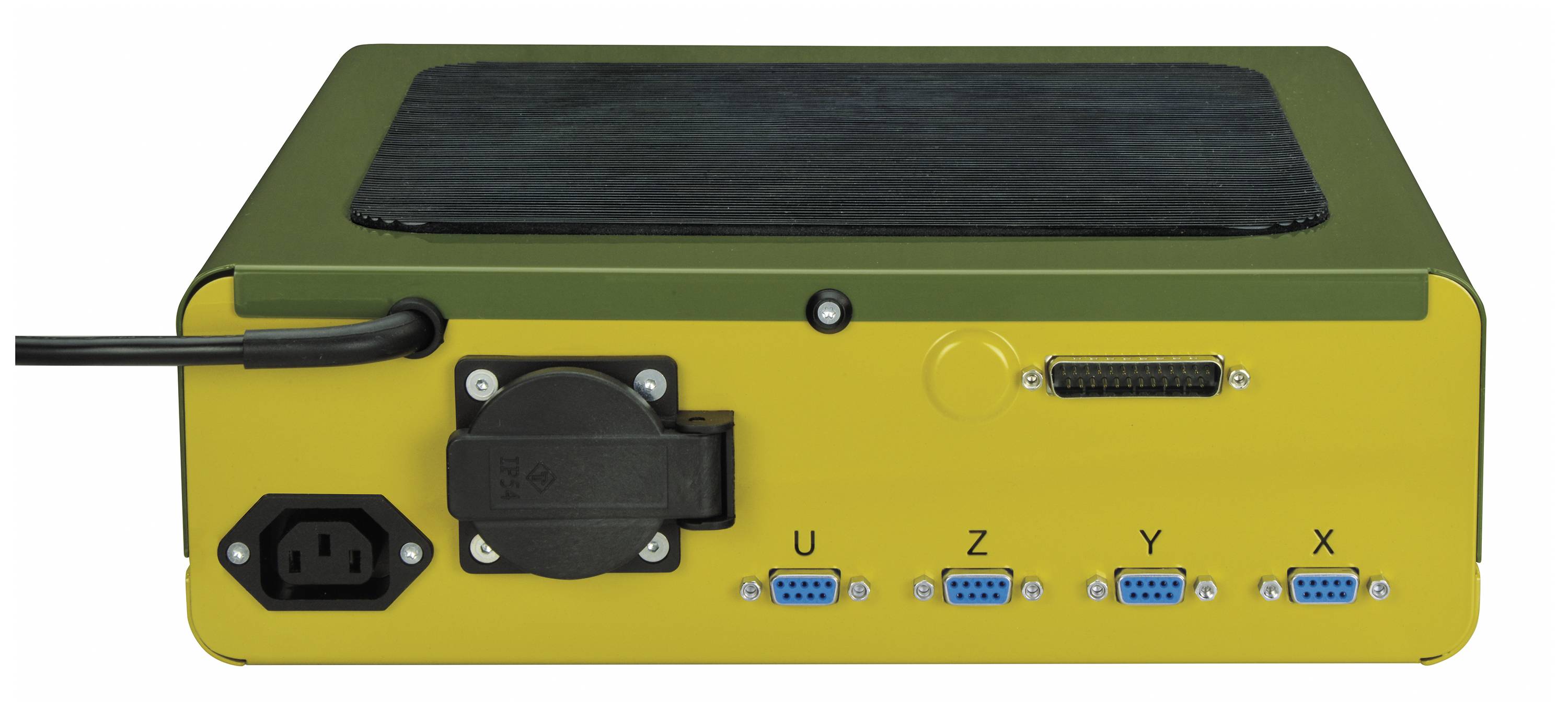 Toto je zadní strana elektronického zařízení s několika porty a konektory, včetně tří DB-9 portů.