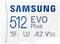 Bílá mikroSD karta Samsung o kapacitě 512 GB ze série EVO Plus. Podporuje rychlostní třídy U3, A2, V30.