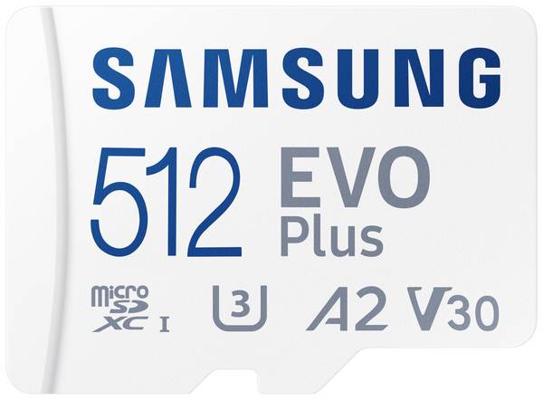 Samsung EVO Plus paměťová karta microSD Retail 512 GB UHS-I, v30 Video Speed Class, A2 Application Performance Class vč. SD adaptéru