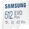 Bílá paměťová karta Samsung microSD s kapacitou 512 GB, série EVO Plus. Vhodná pro aplikace s vysokými požadavky na rychlost.
