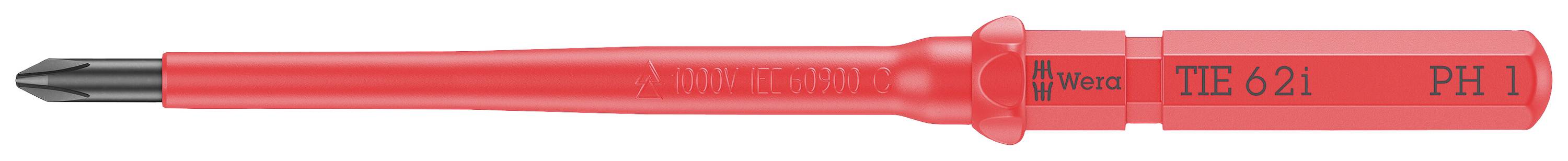 Červený izolovaný hrot šroubováku s černou čepelí, označený štítkem „Wera TTE 6.21 PH-1".