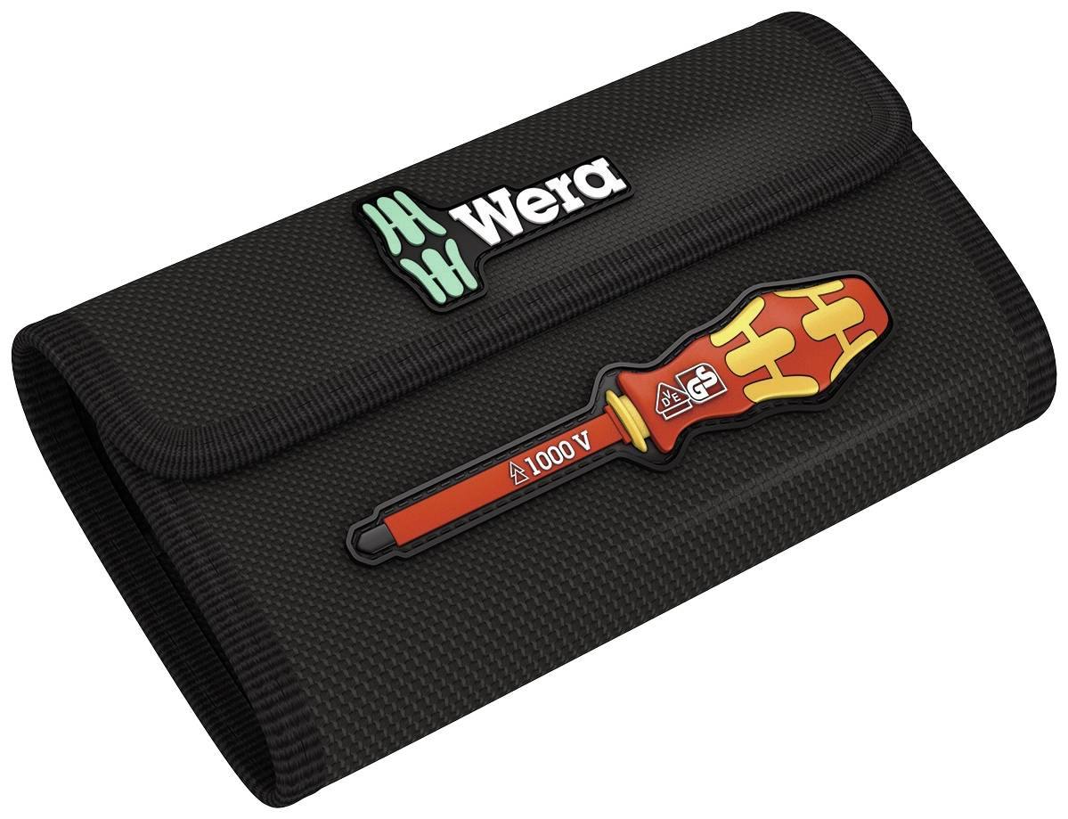 Černé pouzdro Wera s izolovaným šroubovákem vhodným pro 1000 V zobrazené na přední straně.
