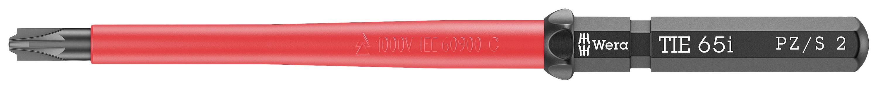 Šroubovák Wiha s červeným držadlem a černým hrotem, model 'TIE 651 PZ/S 2'.