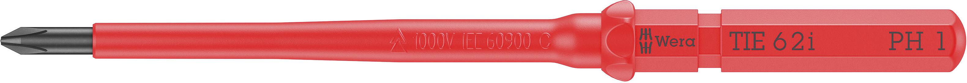 Červený šroubovák s černým hrotem, označený 'HTE-621 PH 1'. Nástroj pro přesné práce.