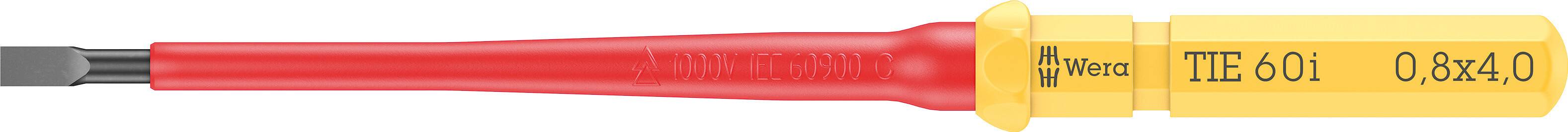 Šroubovák s červeným držadlem a žlutým izolátorem, označený štítkem 'ITE-601 0.8x4.0', vhodný pro elektrotechnické práce.