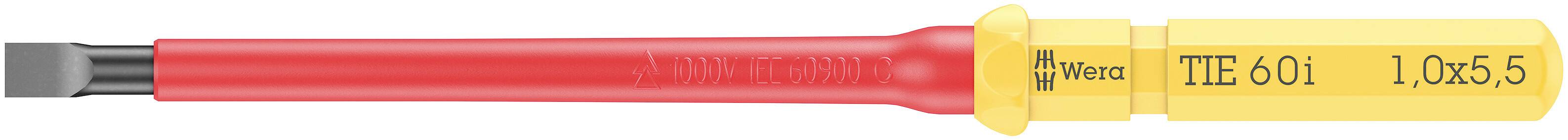 Šroubovák 'WERA TTE601' s izolovanou červenou rukojetí a žlutým označením, vhodný pro práci na elektricky živých částech do 1.000 V.